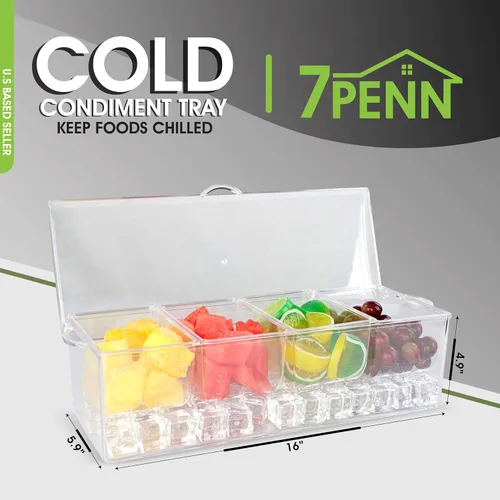 Vista 2 de 7Penn Bandeja de condimentos con cámara de hielo, 4 contenedores de condimentos, tapa - Bandeja de barra para condimentos refrigerados