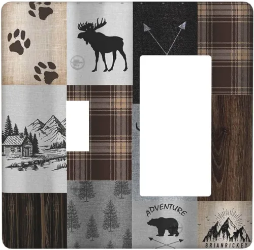 Vista 9 de Cubiertas de pared de lodge rústico retro con diseño de osos, ciervos y animales salvajes. Placas de pared dúplex simples para interruptor de luz.
