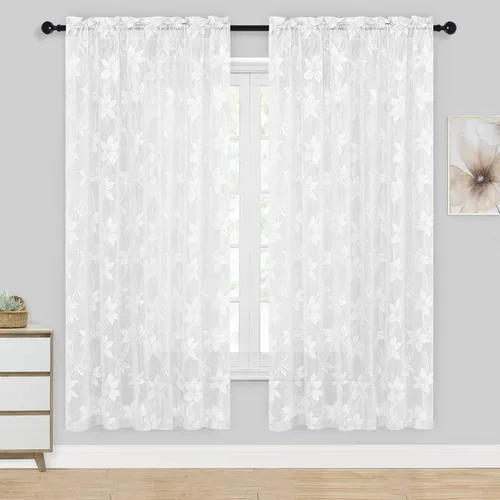 Vista 46 de DWCN Paquete de 2 cortinas traslúcidas pequeñas de encaje floral beige para cocina, cortinas traslúcidas ligeras con bolsillo para barra, cortinas