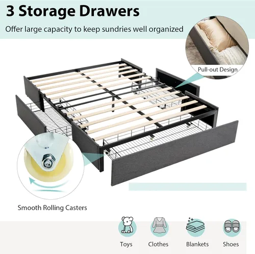 Vista 5 de KOMFOTT Base de cama de tamaño matrimonial con 3 cajones, plataforma tapizada de tela, base de colchón con soporte de listones de madera,