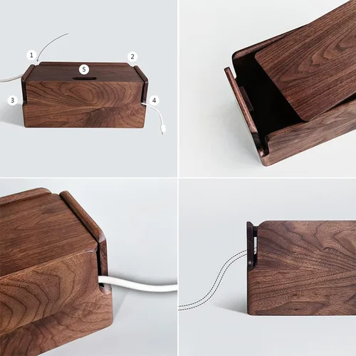 Vista 3 de Black Walnut Cable Management Box - Large Organizer for Power Strips & Cords - Wooden Design - 12.2 x 5.9 x 5.1 inches - Durable & Stylish Storage