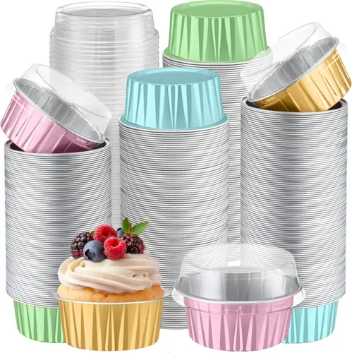 Vista 13 de Gejoy 400 tazas de papel de aluminio para hornear con tapas, moldes desechables de 5 onzas, mini moldes para tartas, moldes para magdalenas, moldes