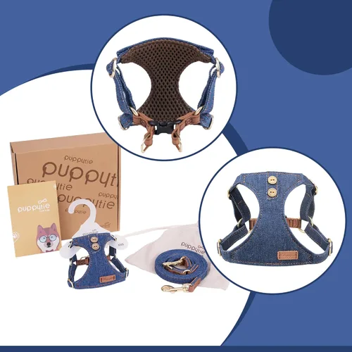 Vista 3 de Arnés sin tirones para perro, con correa multifunción, pechera suave y ajustable para mascota, no ahorca, chaleco a prueba de escape, azul vaquero