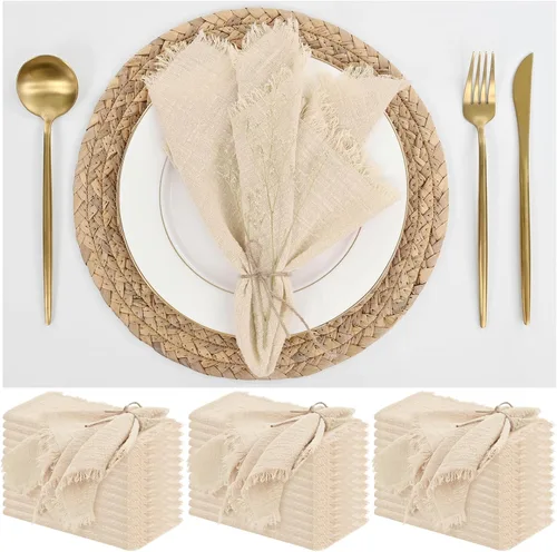 Vista 9 de Paquete de 12 servilletas de lino y algodón beige de 16 x 16 pulgadas, hechas a mano con flecos, servilletas de tela suave, lavables y rústicas