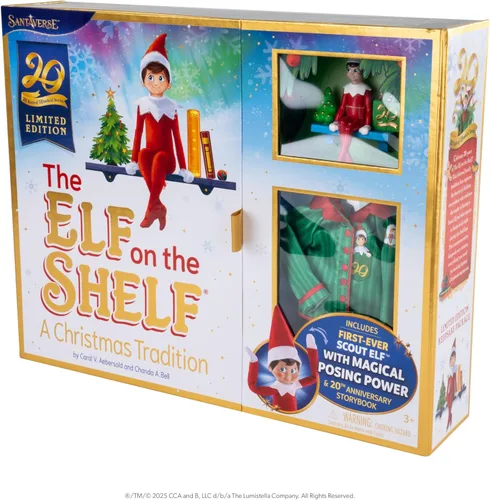 Vista 3 de The Elf on the Shelf: Una Tradición Navideña Edición Limitada del 20º Aniversario Set de Caja - Elfo Explorador Posicionable con Ojos Azules, Libro
