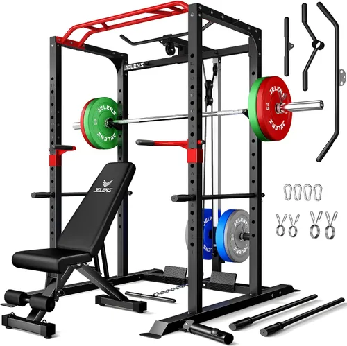 Vista 17 de Jaula de potencia JELENS, banco multifunción S11 con capacidad de 2000LBS, barra para sentadillas con sistema de poleas ajustable y más accesorios