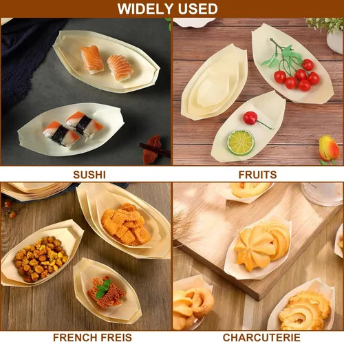 Vista 6 de 300 platos de madera desechables, diseño rústico, bandeja biodegradable para servir alimentos, platos de 5 pulgadas, para mini barco de sushi