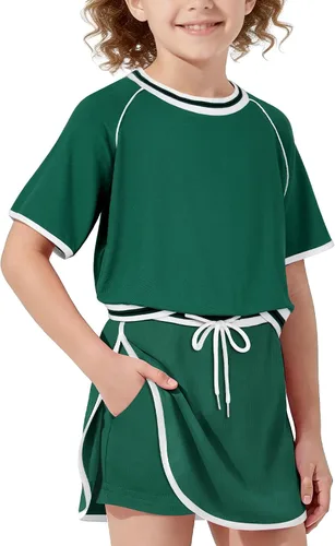 Ochine Conjunto de 2 piezas con pantalón corto para niñas, ropa de verano, atlético, tenis, golf, camiseta y falda con bloques de color, 5-14 años