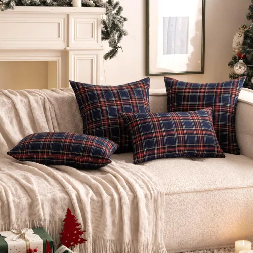 Vista 4 de Woaboy Juego de 2 fundas de almohada navideñas de tartán escocés, almohadas decorativas clásicas de estilo rústico para sofá, sala de estar, cama