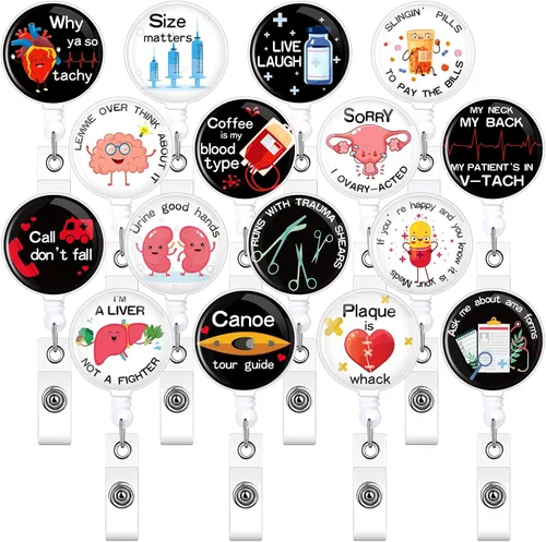 Vista 8 de Geosar 16 piezas de carrete de insignia de enfermera divertido de Navidad a granel, lindo clip retráctil para identificación, accesorios