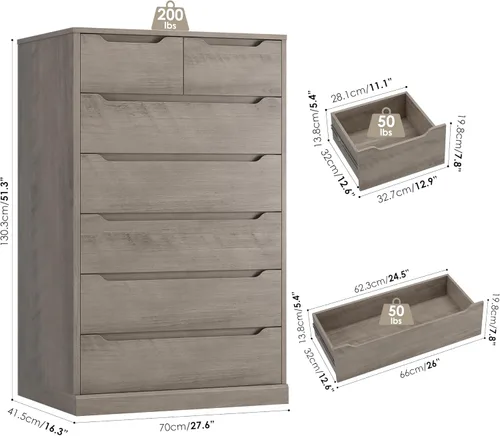 Vista 3 de HITHOS Cómoda de 7 cajones de 51 pulgadas de alto, cómoda gris moderna, cómoda de madera y cómoda con asas recortadas, cajonera vertical, armario
