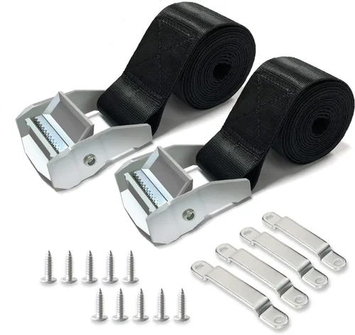 Vista 8 de Kit de correa de sujeción para caja de batería, correa de amarre negra anti-UV de 59 x 1.49 pulgadas, con soportes de hebilla de leva y tornillos