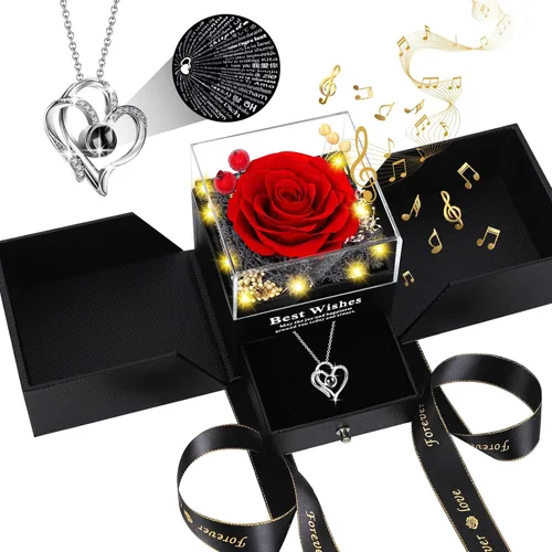 Vista 8 de Pasuvsigt Regalos de rosas para el día de San Valentín para ella, rosa real preservada con collar en 100 idiomas, luces LED y caja de música, regalo