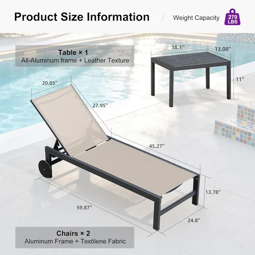 Vista 9 de PURPLE LEAF Tumbona para exteriores con ruedas para exteriores, 2 piezas, silla de patio de aluminio con 5 posiciones ajustables reclinables