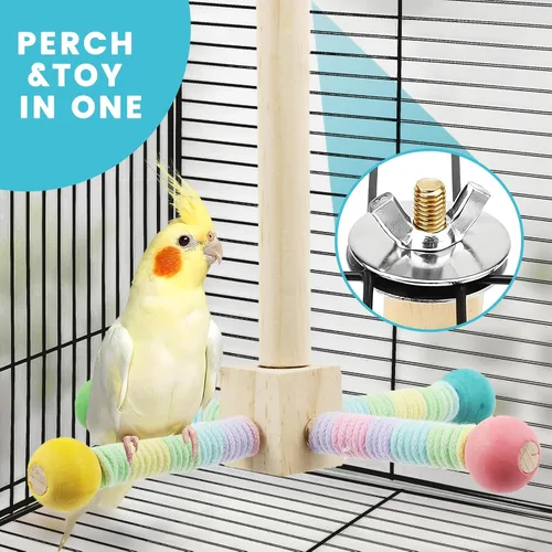 Vista 13 de Juguete de perca para loros mejorado, soporte giratorio de perca para pájaros con juguete de bola masticable para pájaros pequeños y medianos
