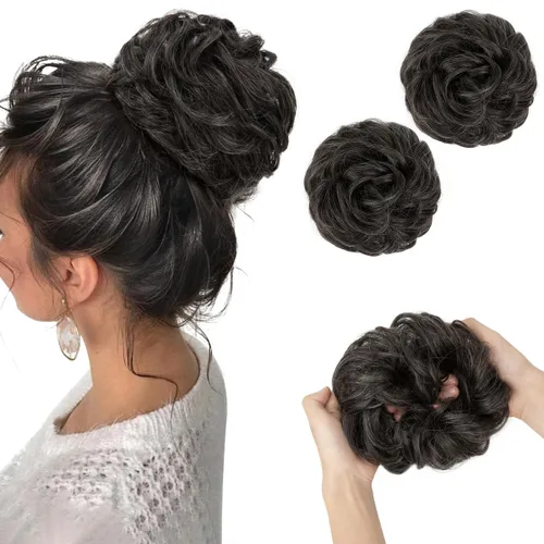 Vista 39 de SarLa - 1 pieza de cabello sintético en forma de moño estilo rizado, recogido y desordenado, y con banda elástica para mujeres