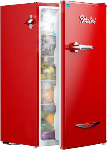 Vista 9 de Upstreman Mini refrigerador retro de 3.2 pies cúbicos con abridor de botellas, ahorro de energía, termostato ajustable, mango de metal, lámpara LED