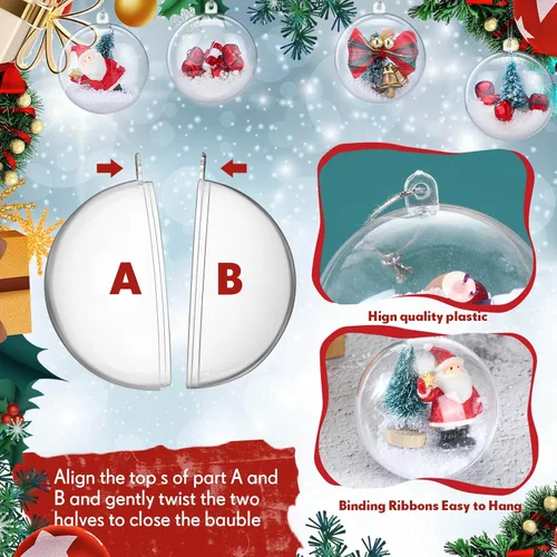 Vista 4 de Macarrie 150 bolas de adorno transparentes rellenables de Navidad de 2.36 pulgadas, de plástico transparente, para manualidades, adornos colgantes