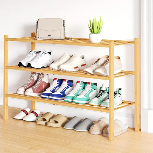 Vista 27 de Smiry Zapatero pequeño de bambú de 2 niveles, apilable, estante de almacenamiento de zapatos de madera para armario, entrada, entrada de puerta Negro