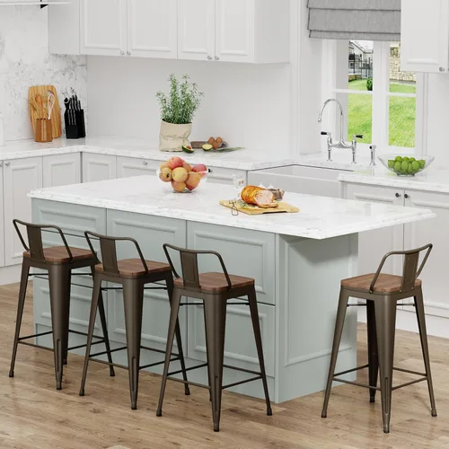 Vista 6 de Yongchuang - Juego de 4 taburetes de barra de metal (parte superior de madera, espalda baja)