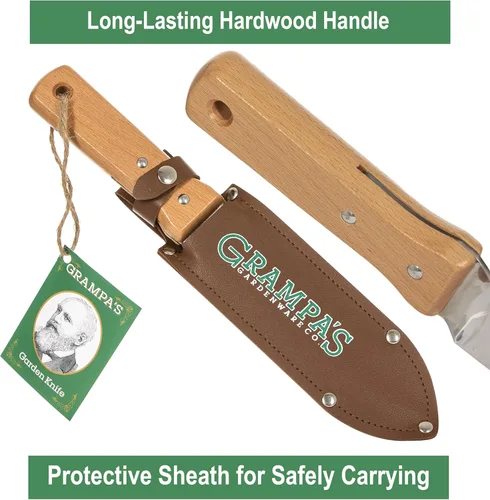 Vista 6 de Grampa's - Cuchillo de jardín versátil de 7 pulgadas Hori Hori con hoja de acero recta y dentada. Herramienta de mano de jardín resistente