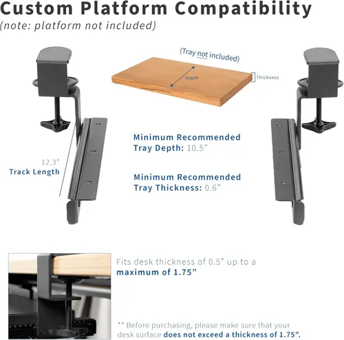 Vista 3 de VIVO Juego de abrazadera y riel de 12 pulgadas para bandejas de teclado de madera personalizadas (sólo juego de rieles - bandeja no incluida), riel