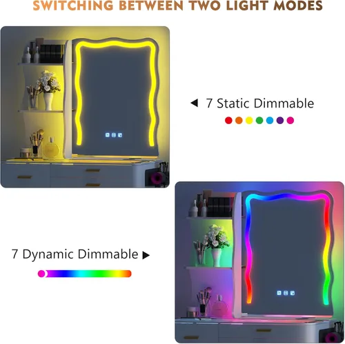 Vista 3 de RGB Escritorio de Maquillaje con Estación de Carga Inalámbrica, Mesa de Tocador con 7 Luces Dinámicas y 7 Estáticas Atenuables con Parte Superior
