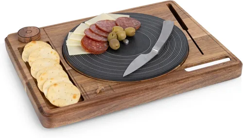 Vista 5 de PICNIC TIME Tabla giratoria para quesos con cuchillo, tablero de charcutería de disco de vinilo retro, bandeja giratoria Lazy Susan para servir