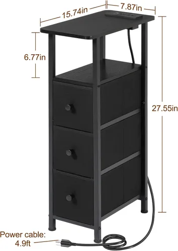Vista 3 de Narrow End Tables Living Room Set of 2 with Charging Station, Skinny Side Table with Fabric Drawers, Slim LED Nightstand for Bedroom, Small Spaces