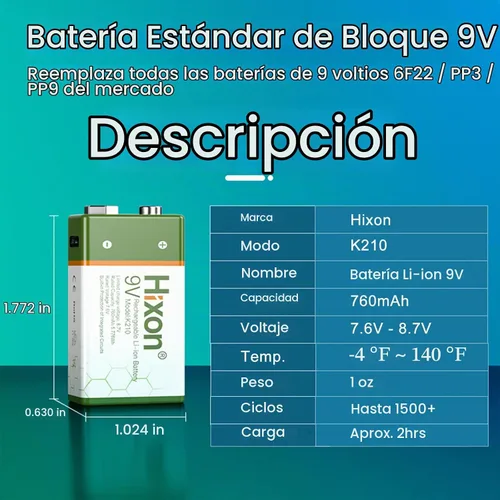 Vista 3 de Hixon Baterías de litio recargables USB de 9 V, baterías de iones de litio de larga duración de 760 mAh de 9 voltios con cable de carga tipo C