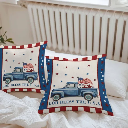 Vista 4 de Juego de 2 fundas de almohada para exteriores del Día de la Independencia, diseño de camión azul granja, bandera estadounidense, estrella