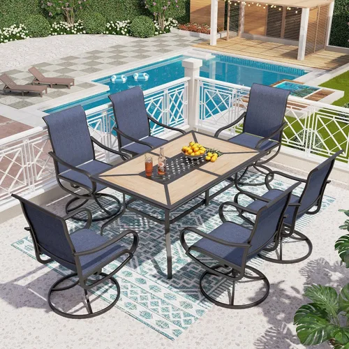 Vista 25 de PHI VILLA Juego de comedor de 5 piezas para patio al aire libre con 4 sillas de comedor giratorias y 1 mesa de comedor similar a la madera, silla