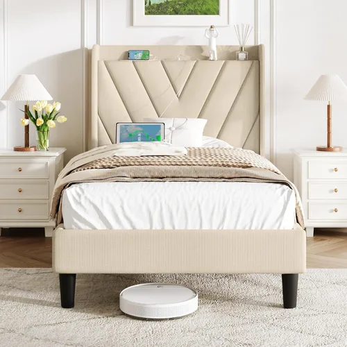 Vista 19 de koorlian Base de cama Queen con cabecero, base de cama tapizada ajustable con puertos tipo C y USB, cabecera de almacenamiento con respaldo de ala