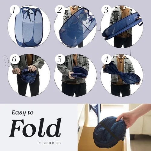 Vista 7 de TECHMILLY Cesta plegable de malla para la ropa sucia con asas resistentes y bolsillo lateral, cestas plegables portátiles para ropa para dormitorio