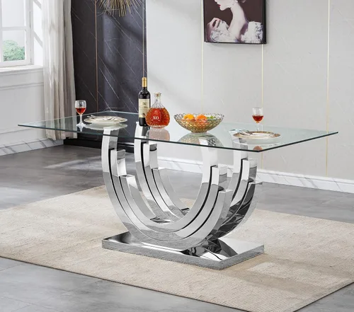 Vista 41 de Mesa de comedor de vidrio de 70 pulgadas para 4-8 personas, parte superior de vidrio templado y base de acero inoxidable en U dorada, escritorio