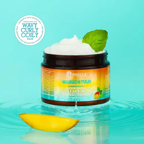 Vista 4 de Mielle Organics Mango & Tulsi Acondicionador nutritivo sin enjuague para cabello rizado, acondicionador hidratante sin enjuague con protección