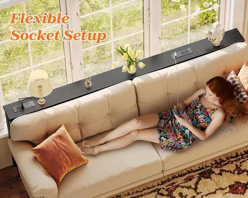 Vista 7 de SUPERJARE - Mesa de sofá de 79 pulgadas con 2 tomas de corriente y puertos USB-C, mesa consola estrecha de 5.9 pulgadas con almacenamiento, mesa