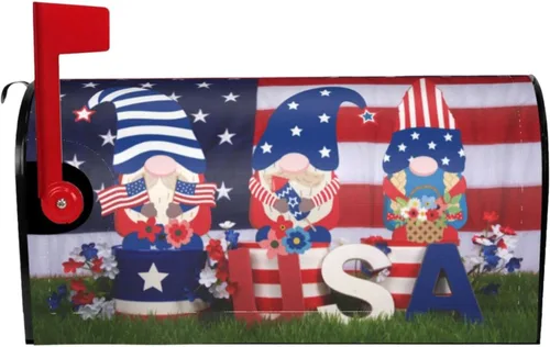 Vista 2 de Gnomos patrióticos con bandera estadounidense, impermeable, para buzón magnético, para decoración del hogar, jardín, 21 x 18 pulgadas