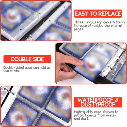 Vista 4 de Carpeta de tarjetas coleccionables de 9 bolsillos para TCG, 900 bolsillos con 50 fundas extraíbles, carpetas de juegos de cartas intercambiables