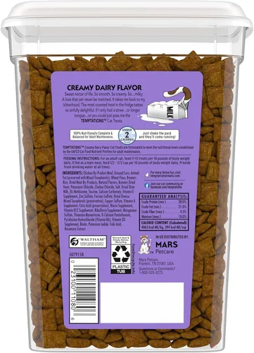 Vista 2 de Temptations Golosinas clásicas crujientes y suaves para gatos, sabor lácteo cremoso, tina de 16 onzas