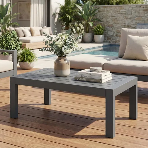 Solaste - Mesa de café de aluminio para exterior, mesa rectangular de metal para patio todo clima, mueble para balcón, jardín, uso en interiores o