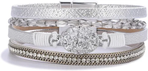 Vista 15 de FANCY SHINY - Pulsera de cuero estilo bohemio, pulsera de cuentas de cristal con cierre magnético, regalos de joyería para mujer Negro