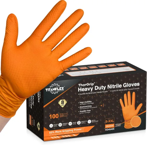 TitanFlex Thor Grip - Guantes industriales de nitrilo naranja con textura de diamante elevado, 8 mil, sin látex, sin polvo