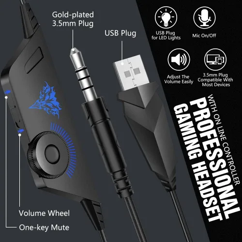 Vista 4 de BENGOO X-40 - Auriculares de diadema para Xbox One PS4 PC controlador cancelación de ruido con micrófono luz LED y graves envolventes para ordenador
