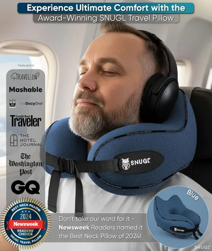 Vista 2 de SNUGL Almohada de viaje – Almohadas de espuma viscoelástica – Almohada para el cuello para avión con bolsa de transporte y clip – Almohadas de apoyo