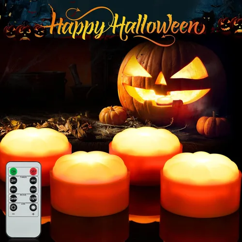 Litake Luces LED de calabaza sin llama con control remoto, luces parpadeantes con temporizador, funciona con pilas, luz de vela de Halloween Crema