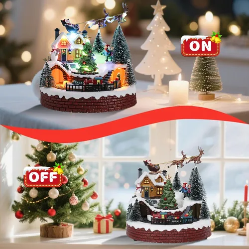 Vista 2 de Vipush Decoraciones de Casa de Pueblo Navideño de Resina Juego de Tren con Papá Noel Volador Decoración del Hogar Interior Figuras de Edificios Tren