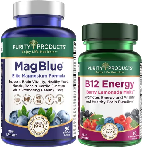 Purity Products MagBlue + B-12 Energy Melt - MagBlue (bisglicinato de magnesio tamponado + vitamina D3 + arándanos orgánicos + más) - B12 Berry Melt