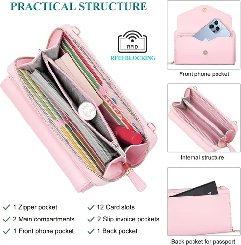 Vista 3 de Peacocktion Cartera para mujer con RFID, cartera cruzada de gran capacidad, 2 correas