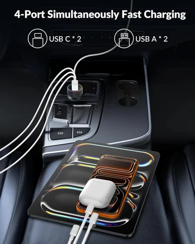 Vista 4 de Cargador de Coche USB C, Cargador de Teléfono de Coche de 4 Puertos 90W de Carga Súper Rápida Accesorios de Cargador de Coche Dual USB-C y USB-A